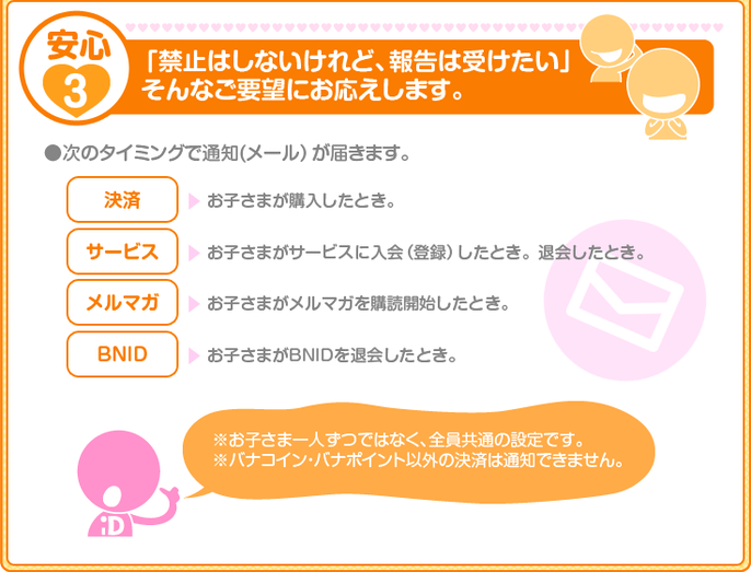 3つの安心　安心３：「禁止はしないけれど、報告は受けたい」そんなご要望にお応えします。●次のタイミングで通知（メール）が届きます。決済…お子さまが購入したとき。サービス…お子さまがサービスに入会（登録）したとき。退会したとき。メルマガ…お子さまがメルマガを購読開始したとき。BNID…お子さまがBNIDを退会したとき。※お子さま一人ずつではなく、全員共通の設定です。※バナコイン・バナポイント以外の決済は通知できません。